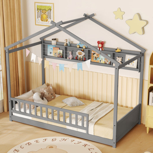 Twin Size House Bed with Storage Shelf and Headboard-Gray