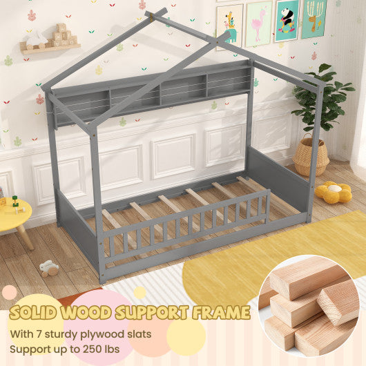 Twin Size House Bed with Storage Shelf and Headboard-Gray