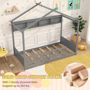 Twin Size House Bed with Storage Shelf and Headboard-Gray