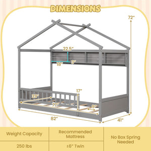 Twin Size House Bed with Storage Shelf and Headboard-Gray