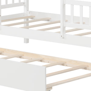Twin Size House Bed with Trundle Kids Platform Bed with Roof Window-White