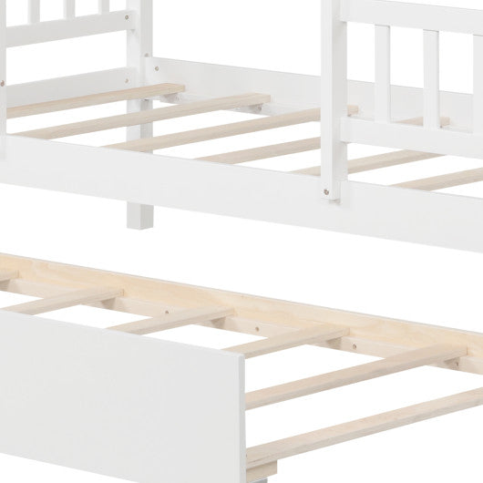 Twin Size House Bed with Trundle Kids Platform Bed with Roof Window-White