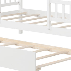 Twin Size House Bed with Trundle Kids Platform Bed with Roof Window-White