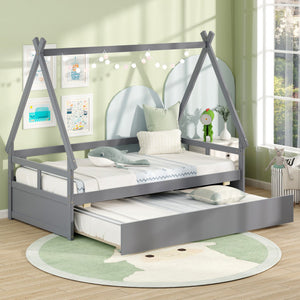 Twin Size House Bed with Trundle and Safety Guardrail-Gray