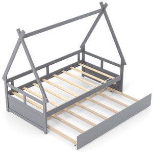 Twin Size House Bed with Trundle and Safety Guardrail-Gray