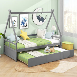 Twin Size House Bed with Trundle and Safety Guardrail-Gray