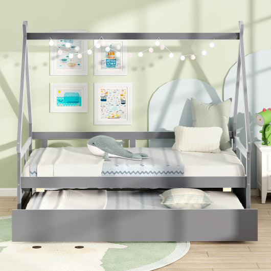 Twin Size House Bed with Trundle and Safety Guardrail-Gray