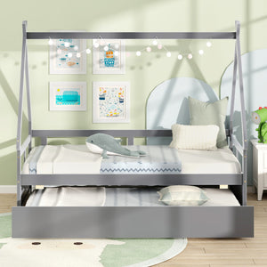 Twin Size House Bed with Trundle and Safety Guardrail-Gray