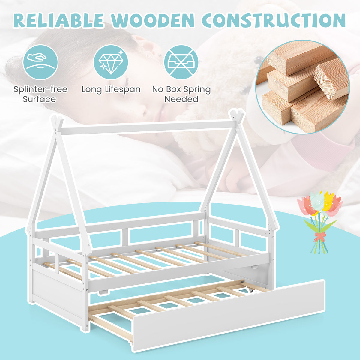 Twin Size House Bed with Trundle and Safety Guardrail-White