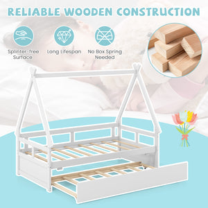 Twin Size House Bed with Trundle and Safety Guardrail-White
