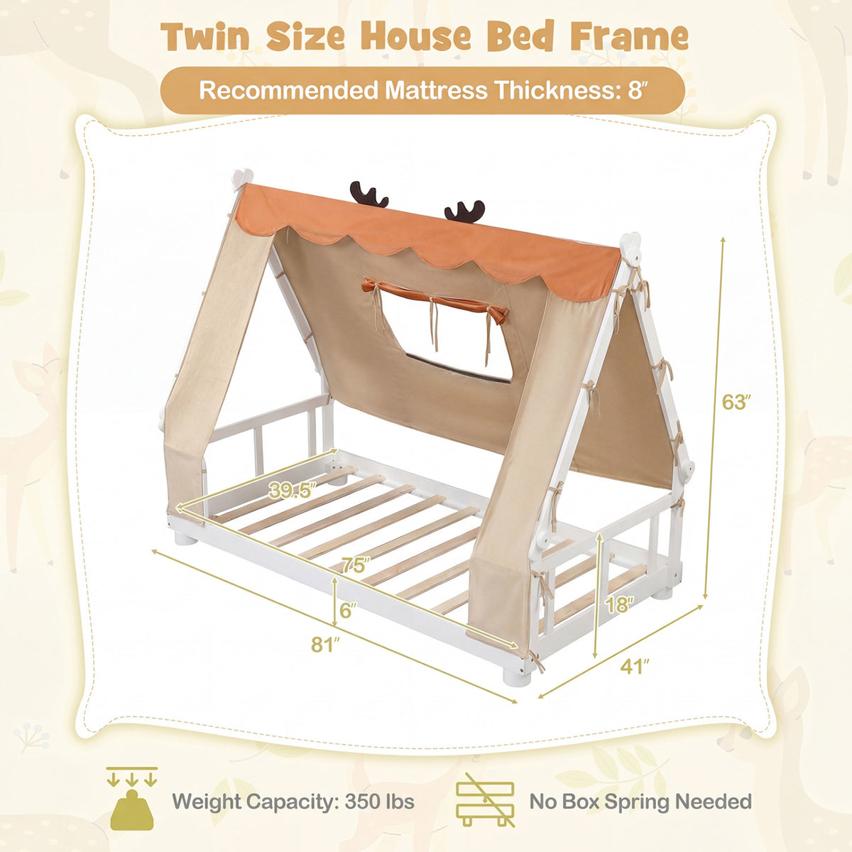 Twin Size House Floor Wood Bed with Tent-White