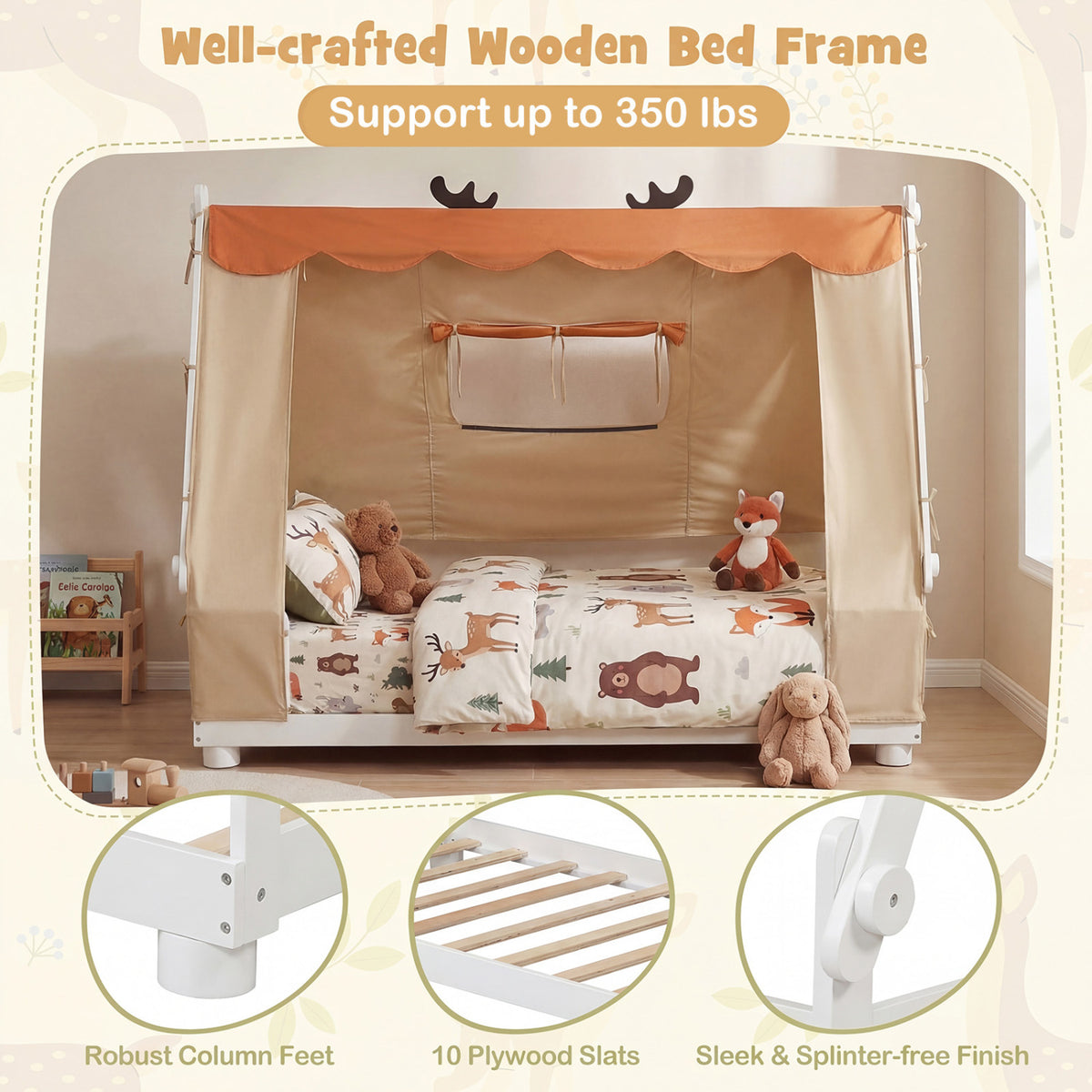 Twin Size House Floor Wood Bed with Tent-White