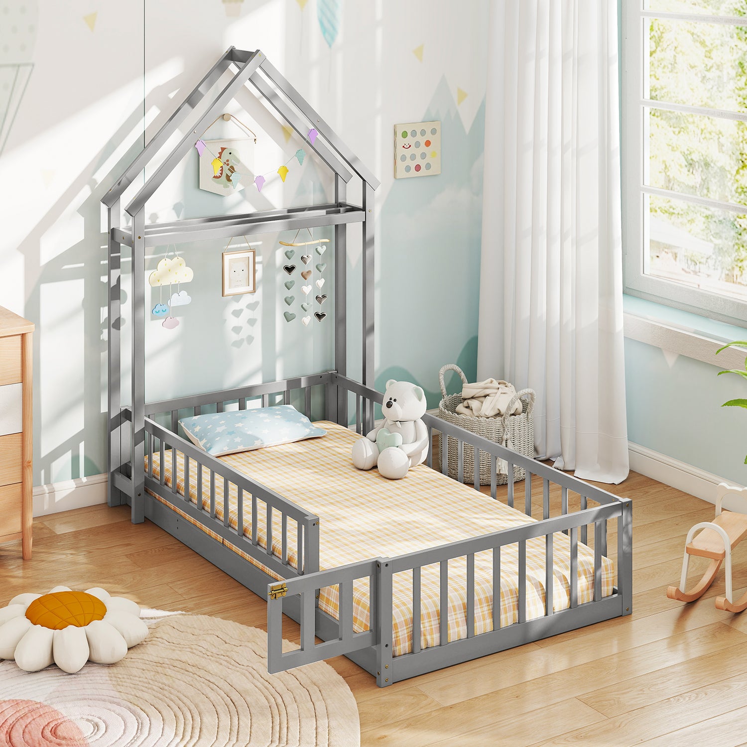 Twin Size House Floor Bed with House-shaped Headboard-Gray