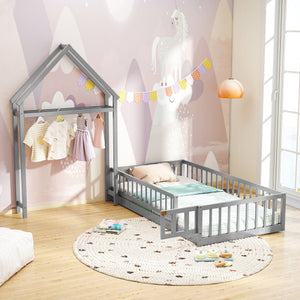 Twin Size House Floor Bed with House-shaped Headboard-Gray