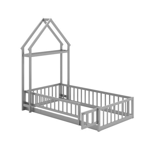 Twin Size House Floor Bed with House-shaped Headboard-Gray