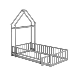 Twin Size House Floor Bed with House-shaped Headboard-Gray