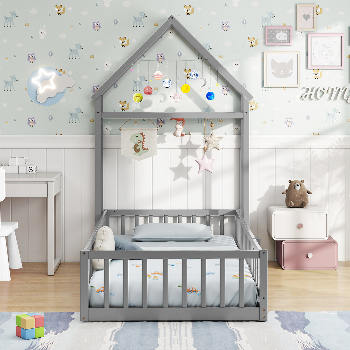 Twin Size House Floor Bed with House-shaped Headboard-Gray