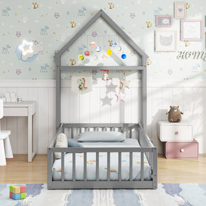 Twin Size House Floor Bed with House-shaped Headboard-Gray