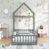 Twin Size House Floor Bed with House-shaped Headboard-Gray
