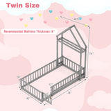 Twin Size House Floor Bed with House-shaped Headboard-Gray