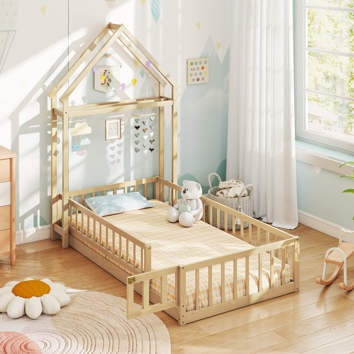 Twin Size House Floor Bed with House-shaped Headboard-Natural