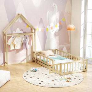 Twin Size House Floor Bed with House-shaped Headboard-Natural