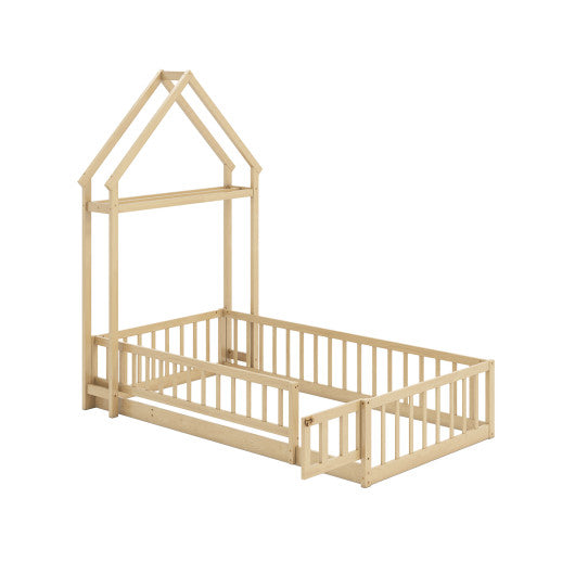 Twin Size House Floor Bed with House-shaped Headboard-Natural