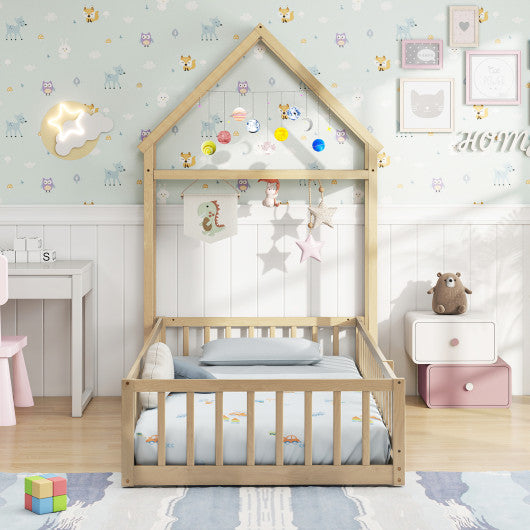 Twin Size House Floor Bed with House-shaped Headboard-Natural