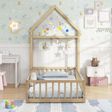 Twin Size House Floor Bed with House-shaped Headboard-Natural