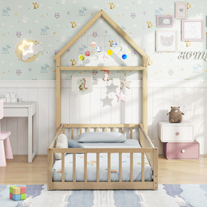 Twin Size House Floor Bed with House-shaped Headboard-Natural