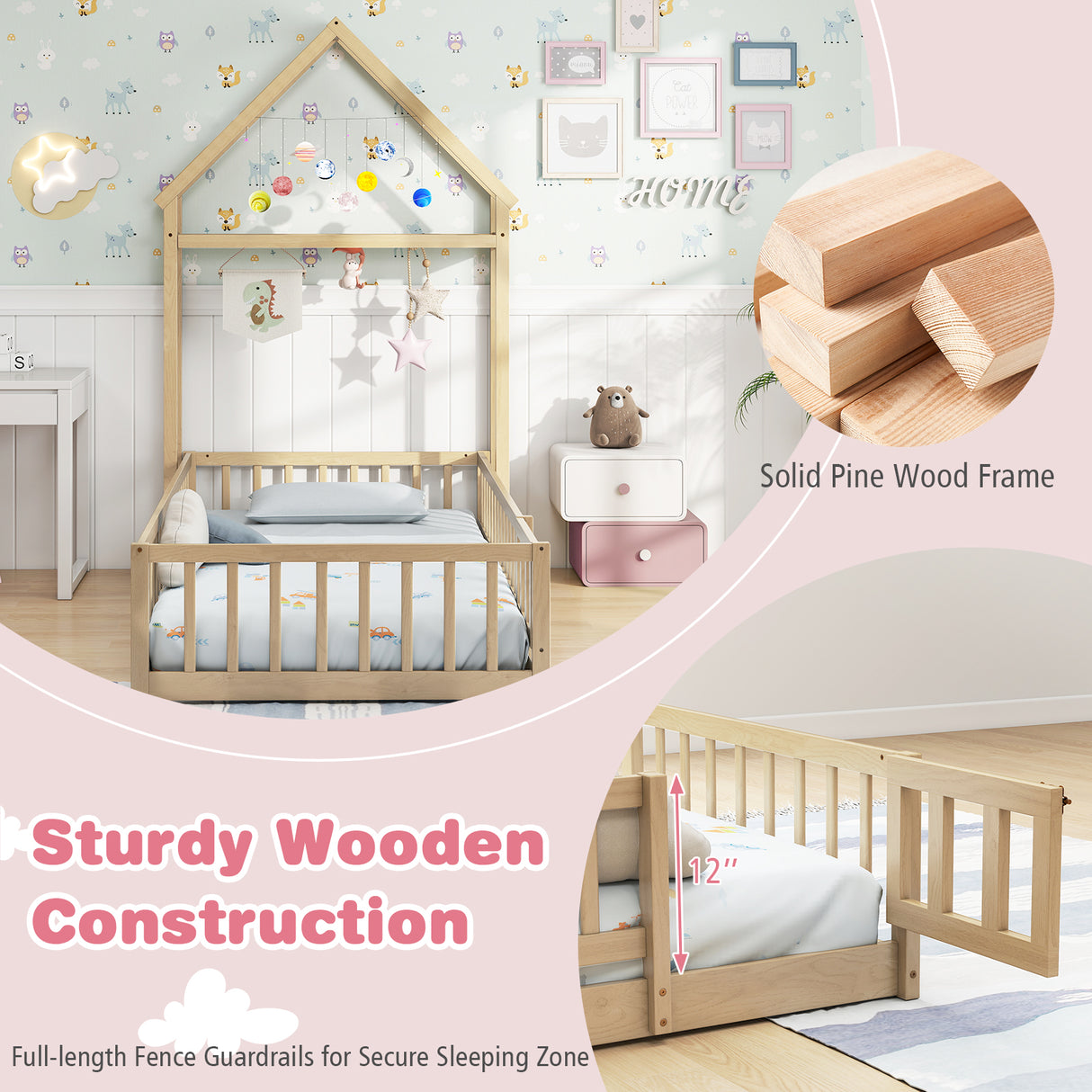 Twin Size House Floor Bed with House-shaped Headboard-Natural