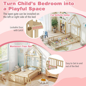 Twin Size House Floor Bed with House-shaped Headboard-Natural