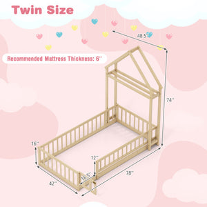Twin Size House Floor Bed with House-shaped Headboard-Natural