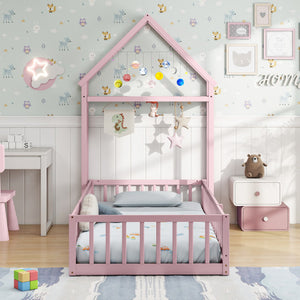 Twin Size House Floor Bed with House-shaped Headboard-Pink