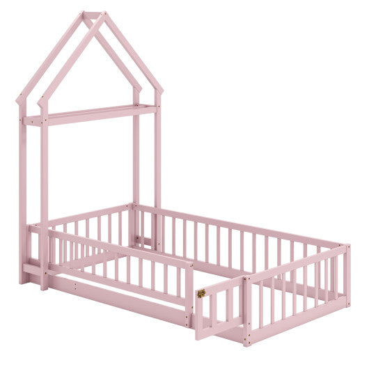 Twin Size House Floor Bed with House-shaped Headboard-Pink