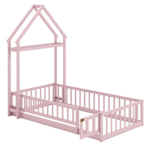 Twin Size House Floor Bed with House-shaped Headboard-Pink