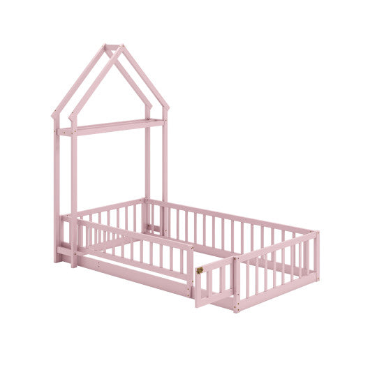 Twin Size House Floor Bed with House-shaped Headboard-Pink