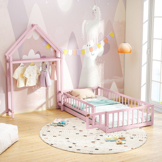 Twin Size House Floor Bed with House-shaped Headboard-Pink