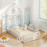Twin Size House Floor Bed with House-shaped Headboard-White
