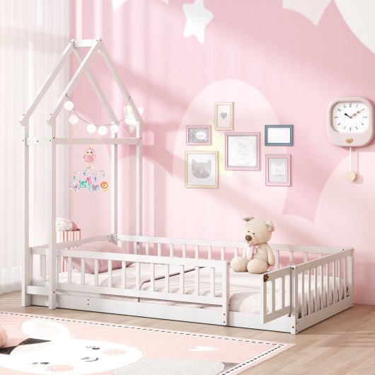 Twin Size House Floor Bed with House-shaped Headboard-White