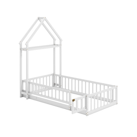 Twin Size House Floor Bed with House-shaped Headboard-White