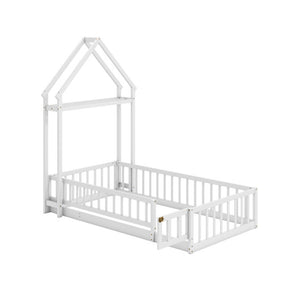 Twin Size House Floor Bed with House-shaped Headboard-White