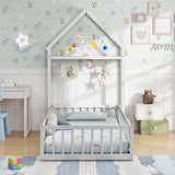 Twin Size House Floor Bed with House-shaped Headboard-White