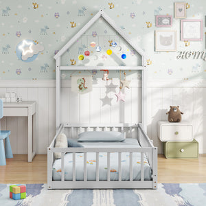 Twin Size House Floor Bed with House-shaped Headboard-White