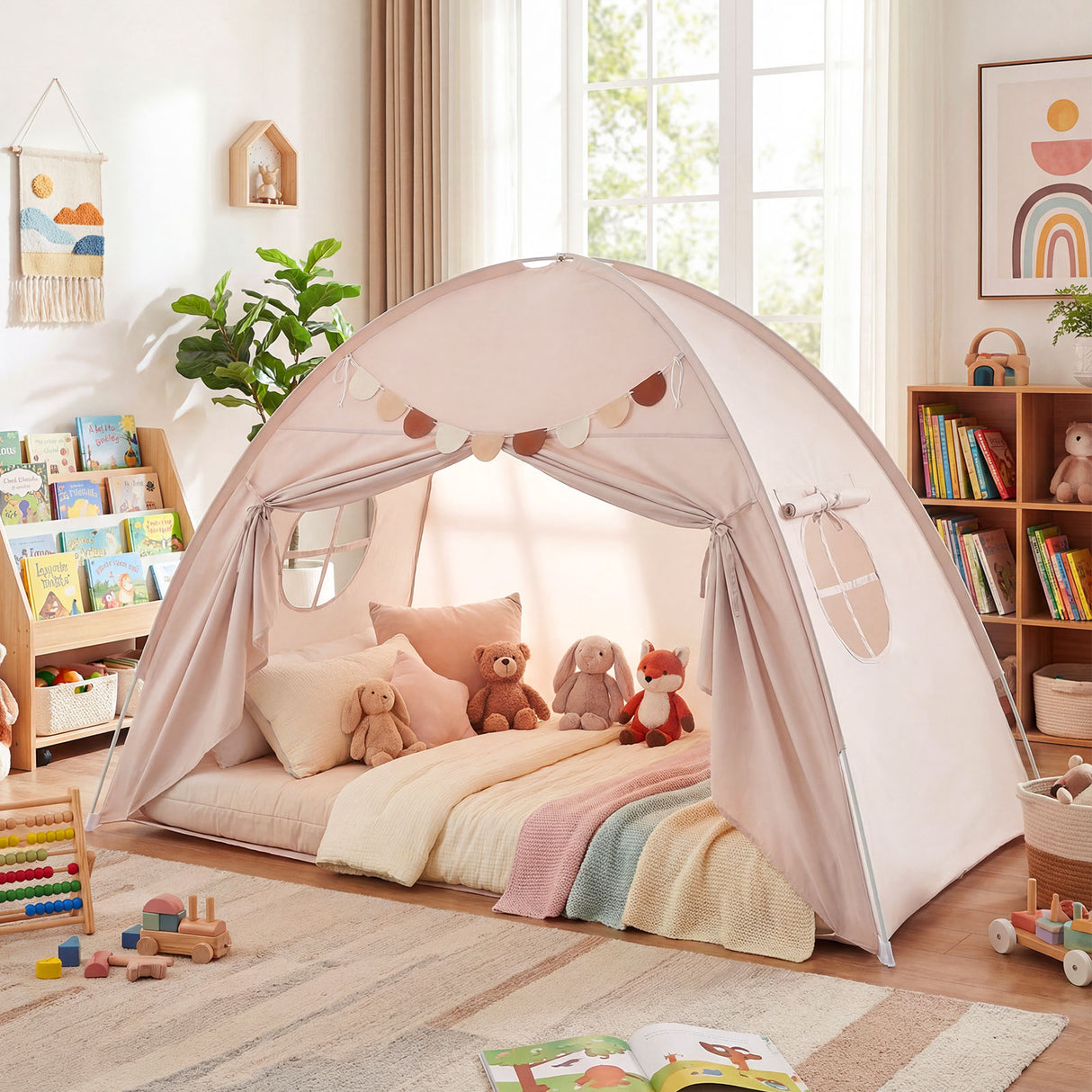 Twin Size Indoor Canopy Tent for Kids with 2 Window and Suits 3+-Beige