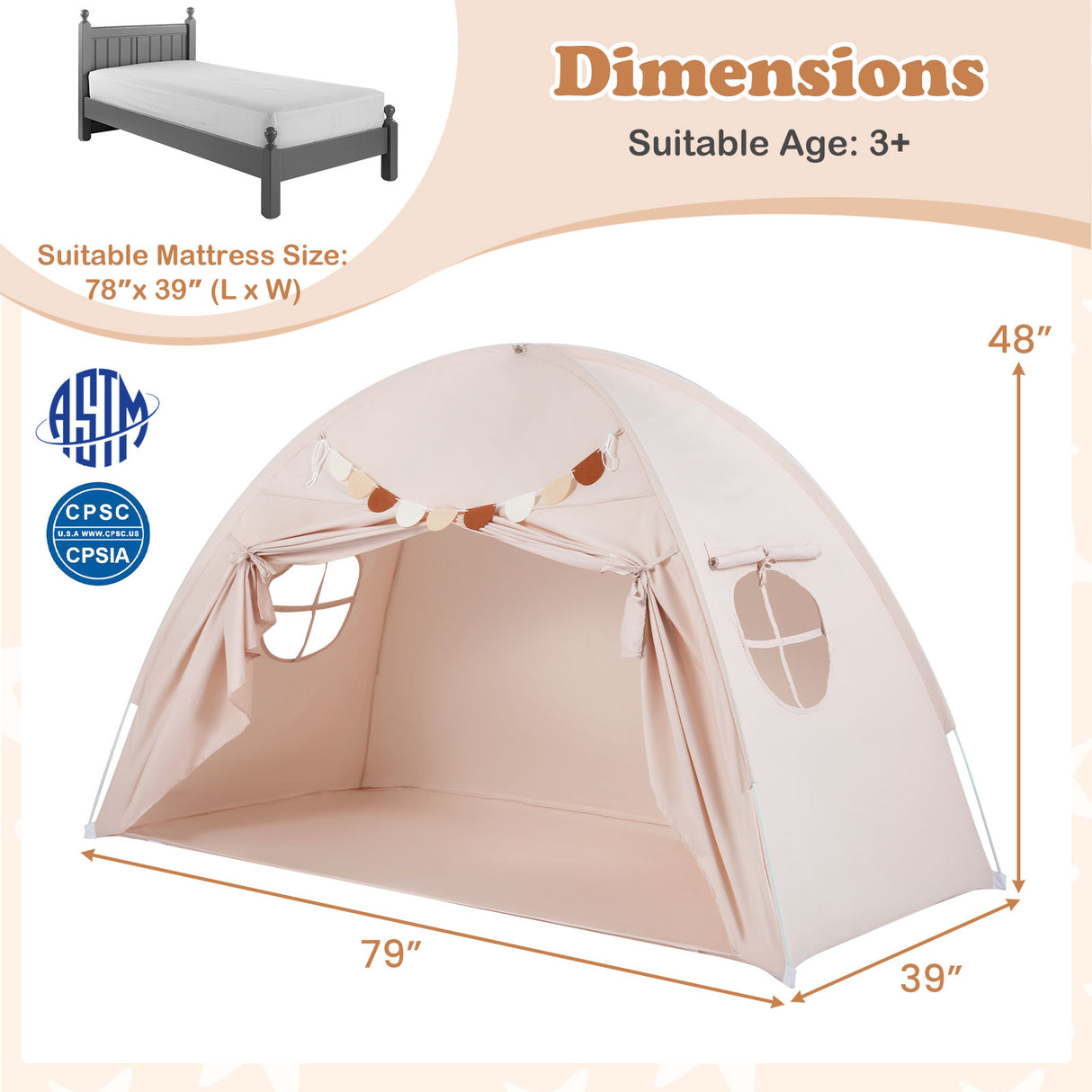 Twin Size Indoor Canopy Tent for Kids with 2 Window and Suits 3+-Beige