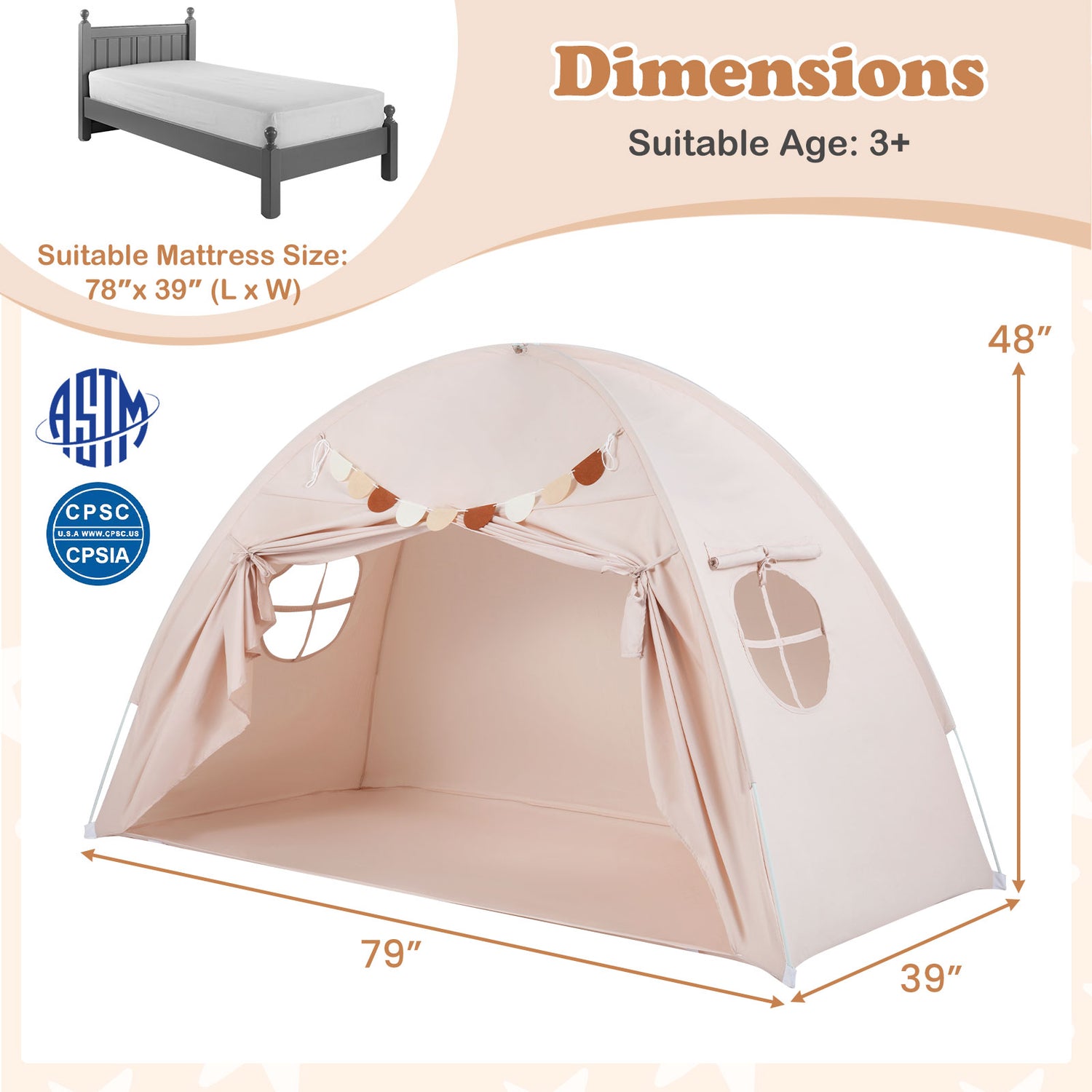 Twin Size Indoor Canopy Tent for Kids with 2 Window and Suits 3+-Beige