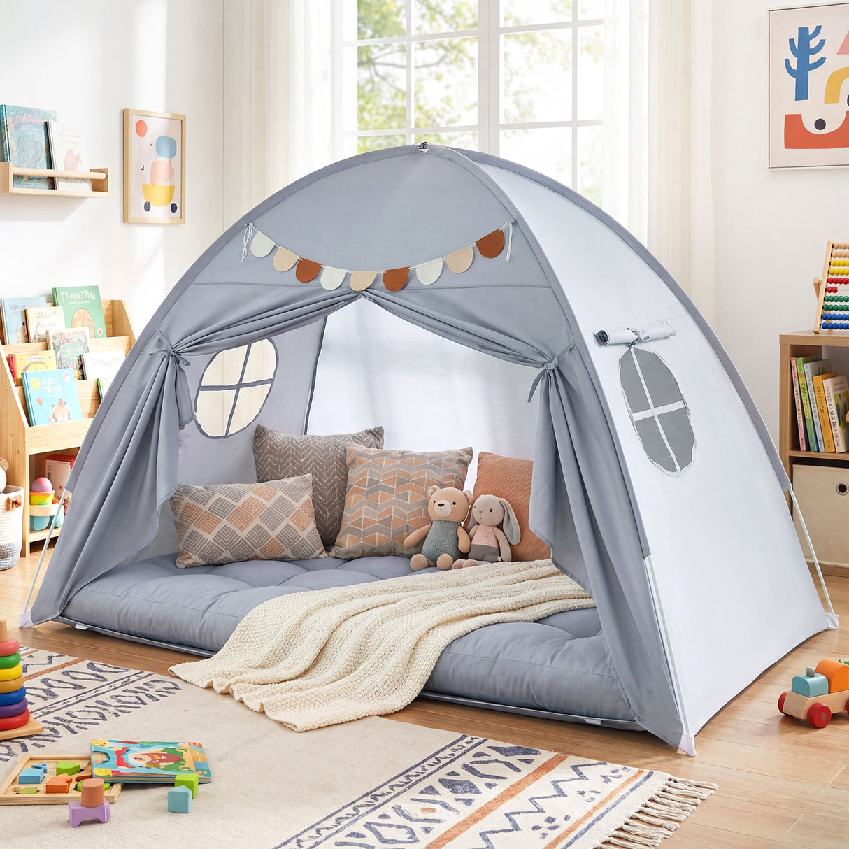 Twin Size Indoor Canopy Tent for Kids with 2 Window and Suits 3+-Grey