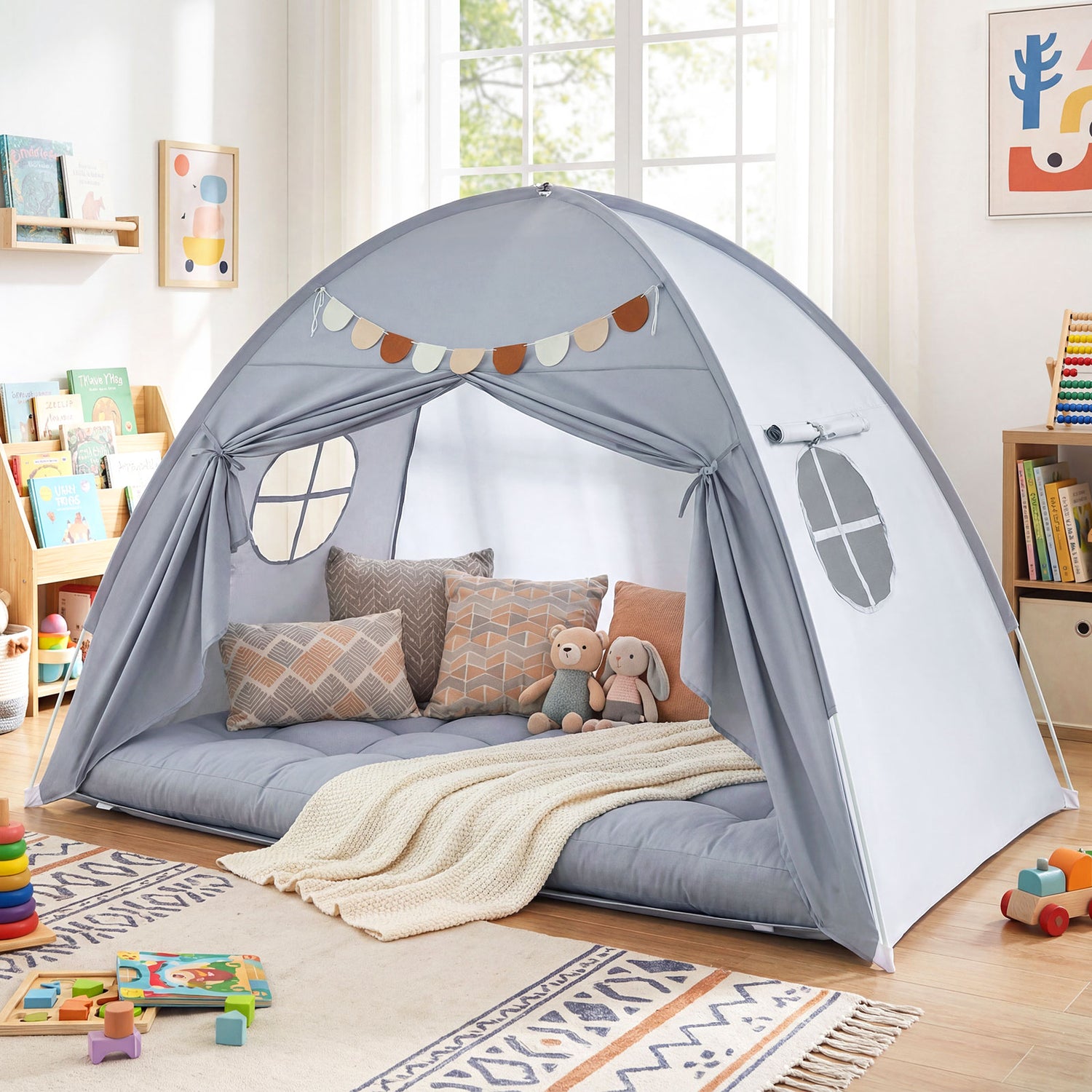 Twin Size Indoor Canopy Tent for Kids with 2 Window and Suits 3+-Grey