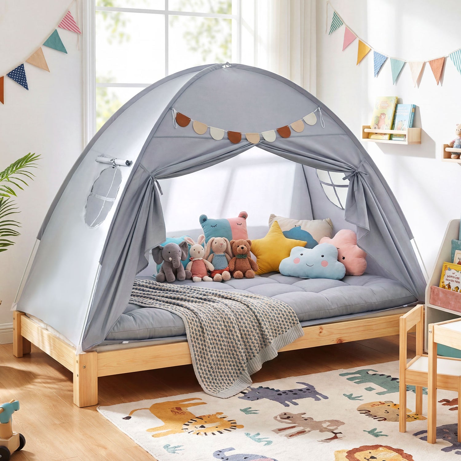 Twin Size Indoor Canopy Tent for Kids with 2 Window and Suits 3+-Grey